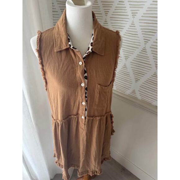 Umgee Women’s Small Brown and Leopard Print Linen Blend Tunic Top - Picture 6 of 6